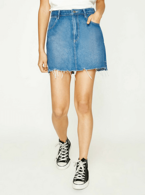 Blue Denim Raw Hem Mini Skirts